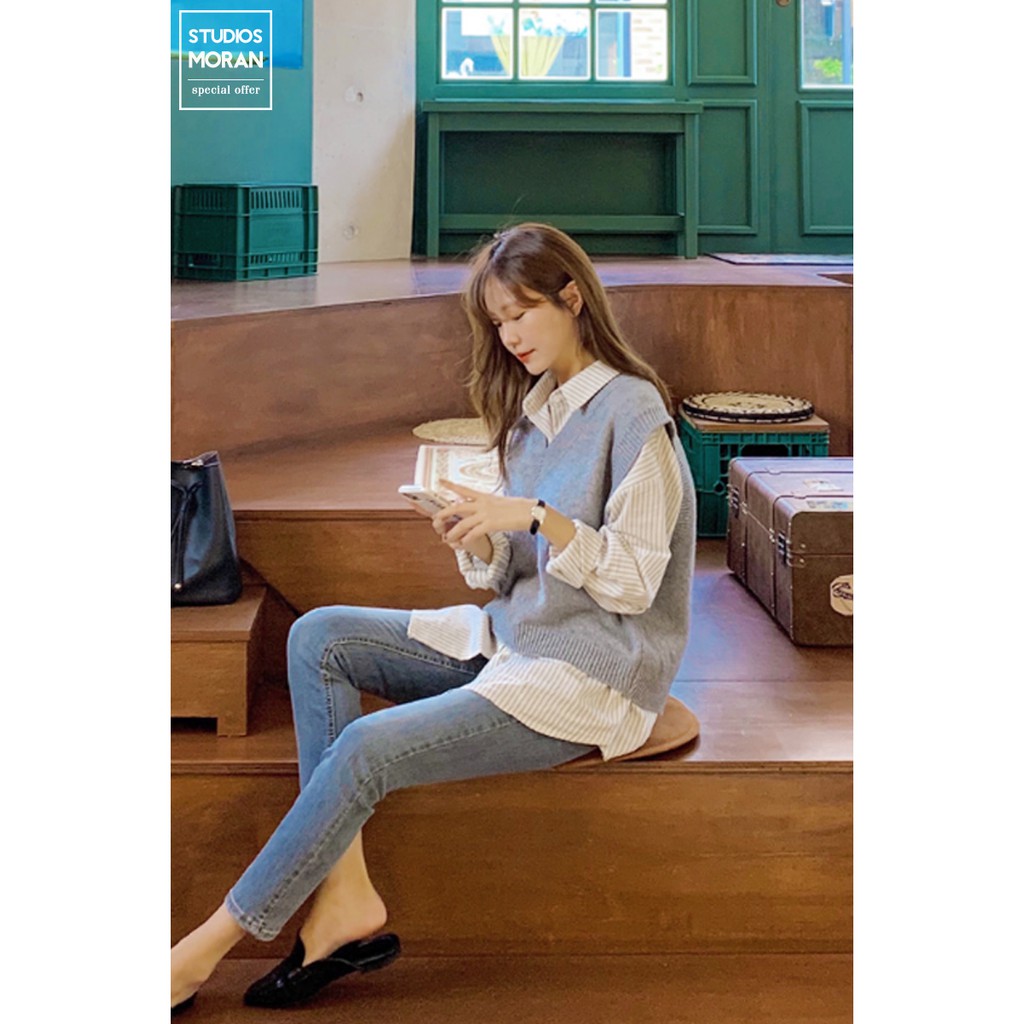 Áo Vest Gile len dệt kim MORAN cổ V form thụng dáng basic đơn giản Hàn Quốc