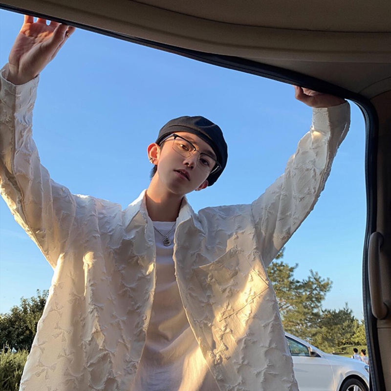 Áo Sơ Mi Tay Dài Dáng Rộng Màu Trơn In Họa Tiết Thời Trang Hàn Quốc Trẻ Trung Cho Nam