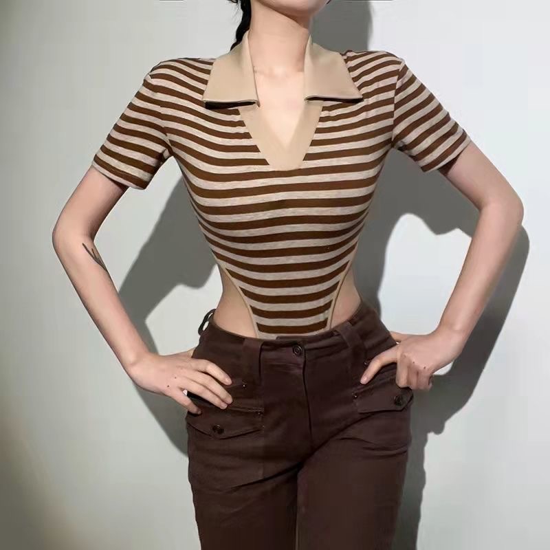 Áo liền quần MMIOT Y2K cổ chữ V tay ngắn cổ bẻ họa tiết kẻ sọc phong cách Anh quốc thời trang mùa hè 2023 cho nữ