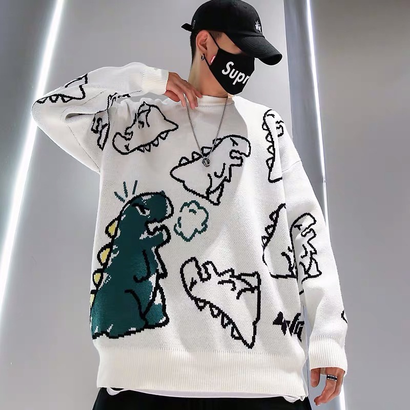 Áo Khoác cardigan Dệt Kim Dáng Rộng In Họa Tiết Khủng Long graffiti Đường Phố hip hop Thời Trang Mùa Đông 2021 Cho Nam Và Nữ