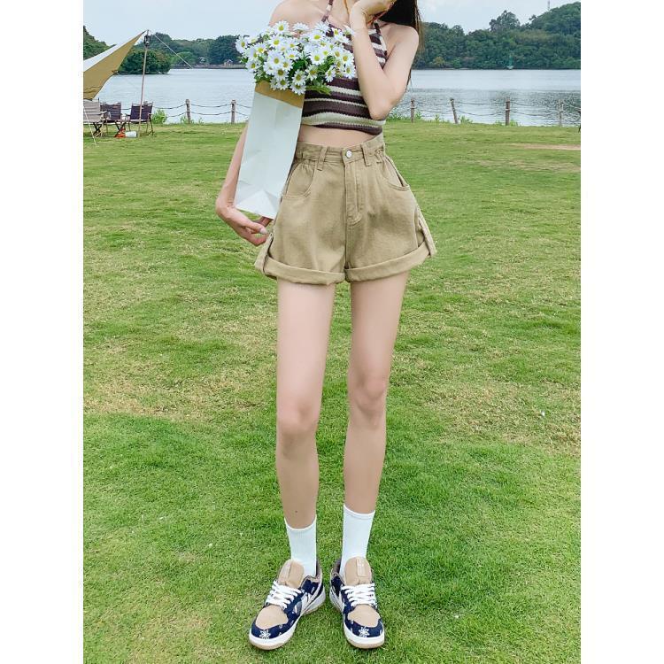 Quần Short Denim Kaki Lưng Cao Ống Rộng Phong Cách Mới Cho Nữ