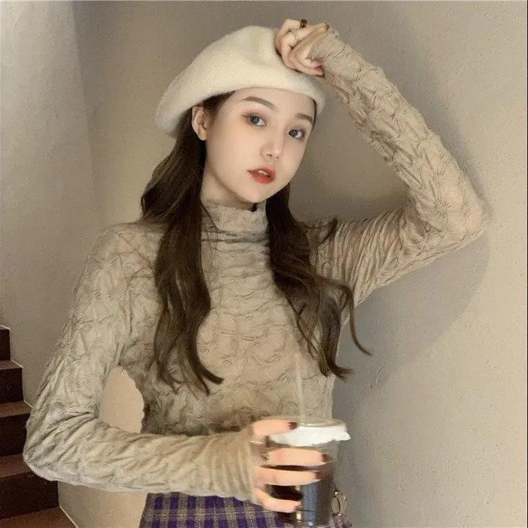 Áo thun tay dài cổ cao phối ren thiết kế xếp ly thời trang nữ sành điệu