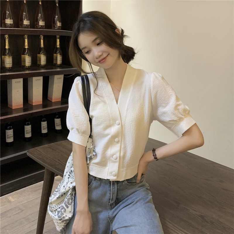 Porozi  Áo Sơ Mi Tay Ngắn Phồng Cổ Chữ V Phong Cách Retro Thời Trang Hàn Quốc Cho Nữ