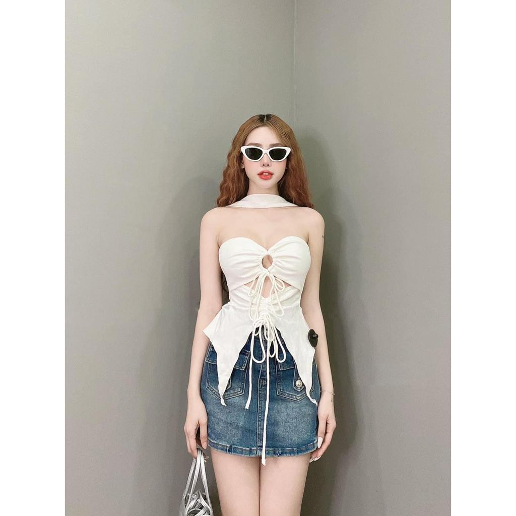 Áo ống xốp tà nhọn xẻ khoen ngực rút dây cổ chocker mặc được 2 kiểu
