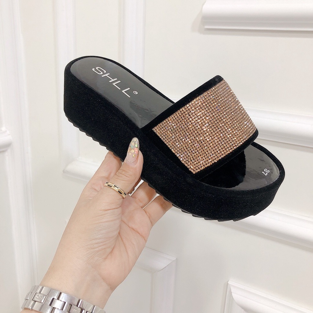 Dép Đế Xuồng Nữ 5p Bản Ngang Xoàn Đá Chất Nhung Mềm Mướt 2 Màu Xinh Sang - Chi Chanh Store