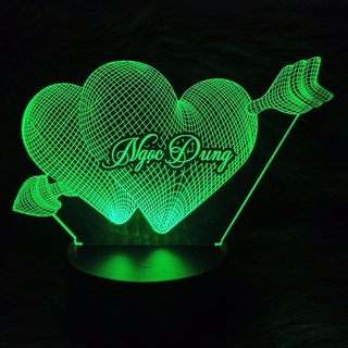 Đèn Ngủ Led 16 Màu Hình Tim 3d Khắc Tên Theo Yêu Cầu - Đèn Led Tim Đôi Mũi Tên Hear 3d - Đèn Để Bàn Trang Trí Phòng