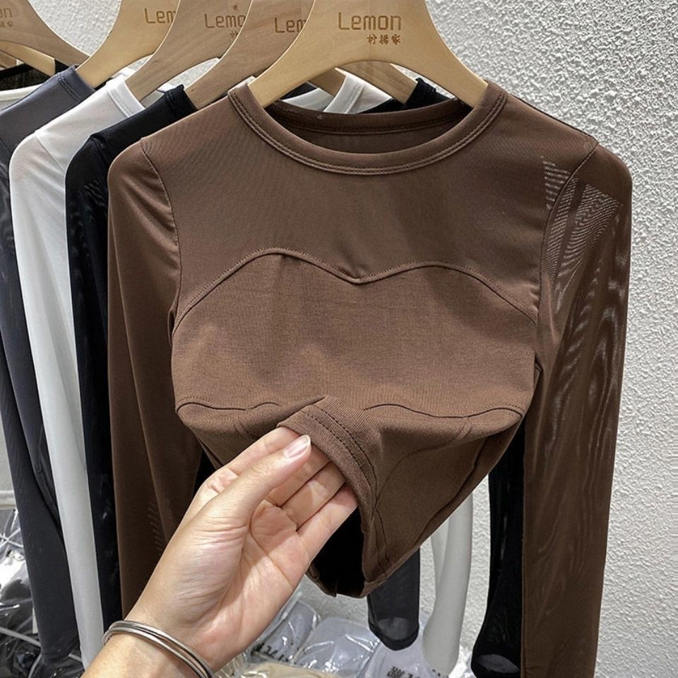 Áo Thun Dài Tay Giả Hai Lớp Phối Lưới Thời Trang Xuân Thu Cho Nữ