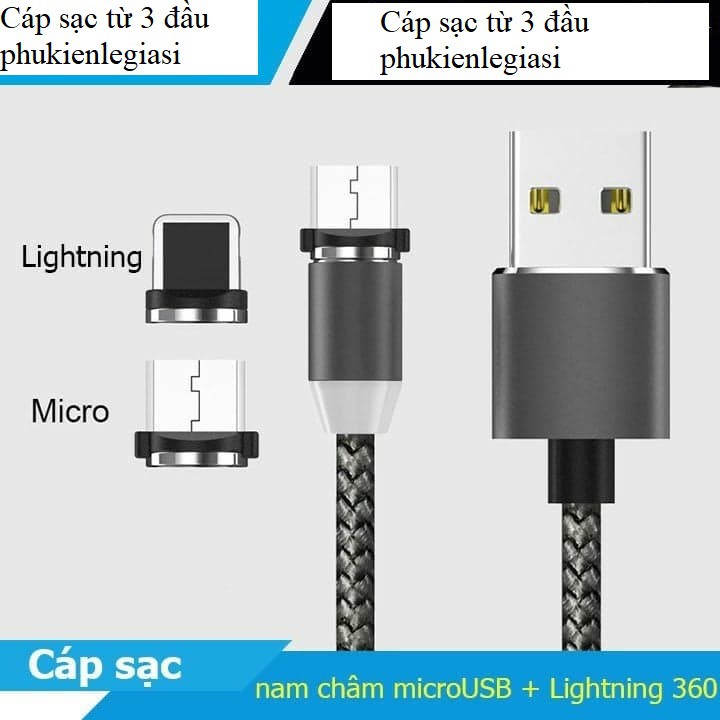 3 in 1- Cáp sạc từ hút nam châm 3 đầu Iphone- micro USB - Type C xoay 360 độ dây dù