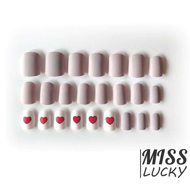 ❤HHN-VN New Fashion Full Cover False Nail Matter Gray White Jump Color Fake Nail Red Heart Shape for