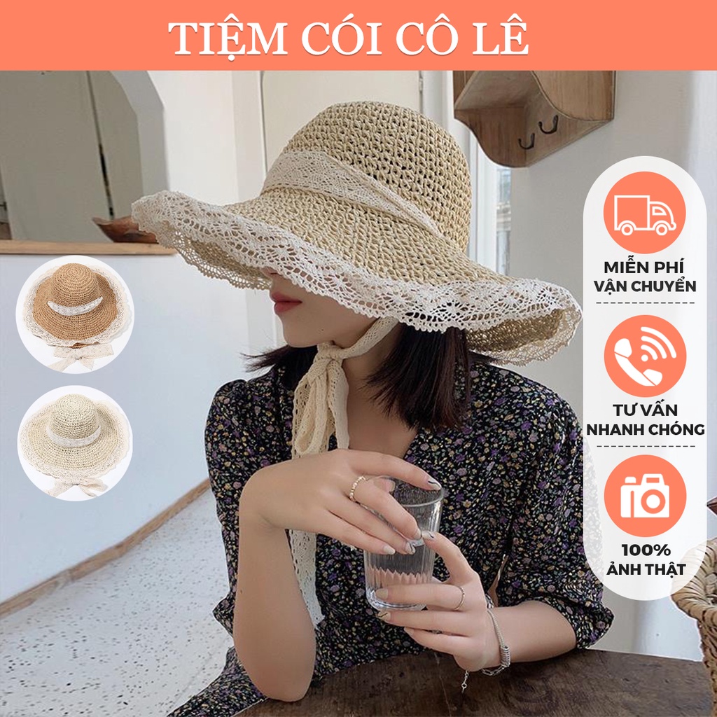 Nón cói vành rộng viền ren quai nơ ren tiểu thư xinh xắn - Tiệm Cói Cô Lê
