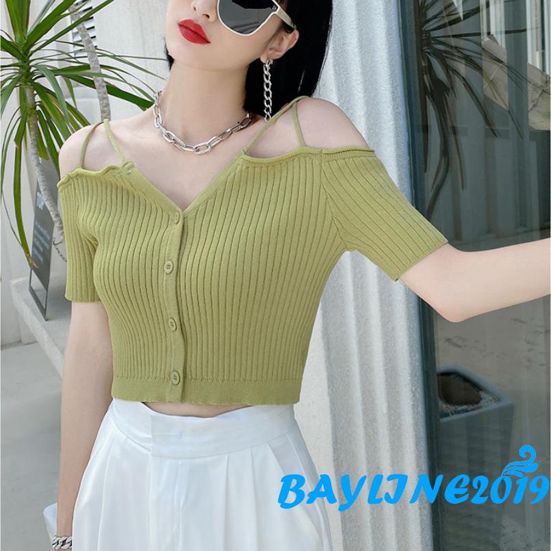 Áo Dệt Kim Ngắn Tay Trễ Vai Cổ Chữ V Cài Nút Đơn Giản Cho Nữ