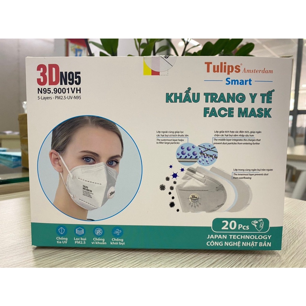 Khẩu trang 3D N95 - N95.9001VH Tulips chống bụi PM2.5 có Van (loại 1 túi 1 cái)