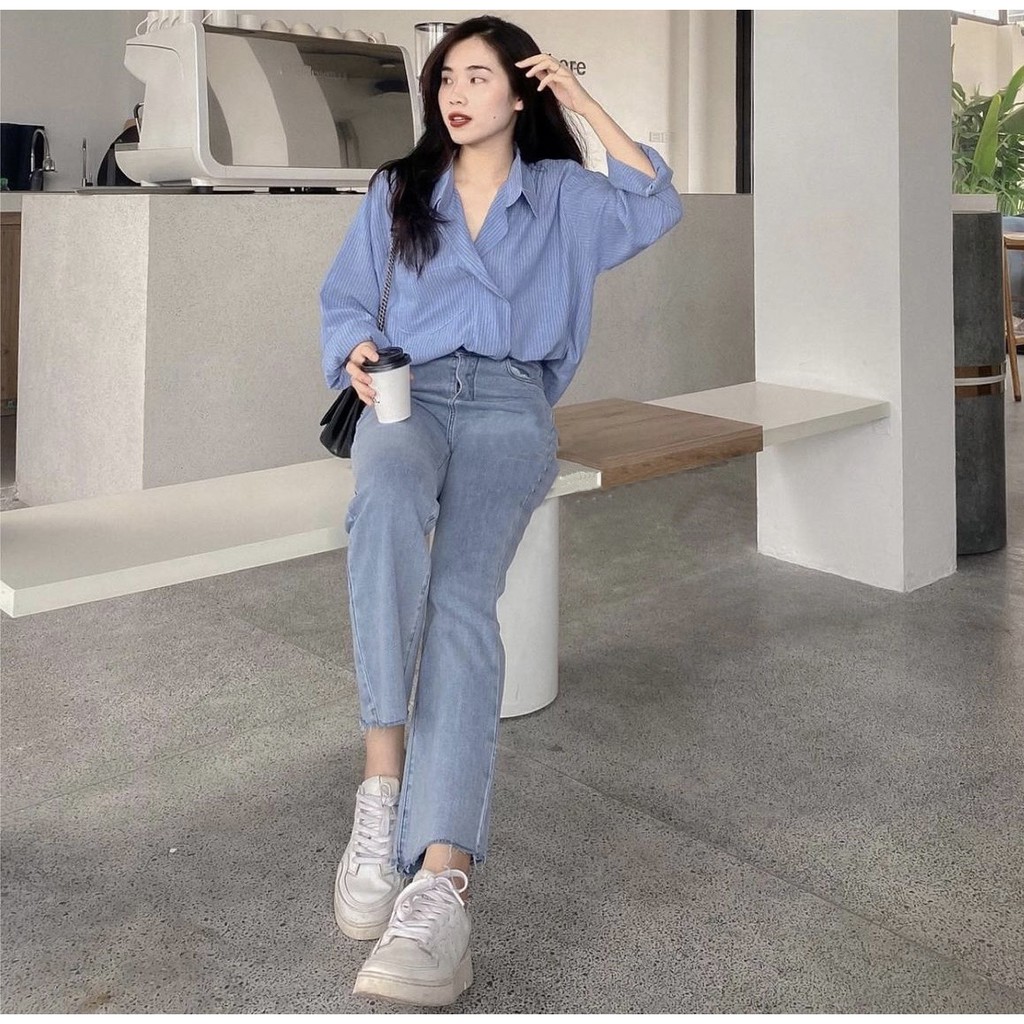 Áo sơ mi thô kẻ sọc dọc vạt chéo, Áo sơ mi Hàn Quốc vạt lệch kẻ sọc dáng rộng