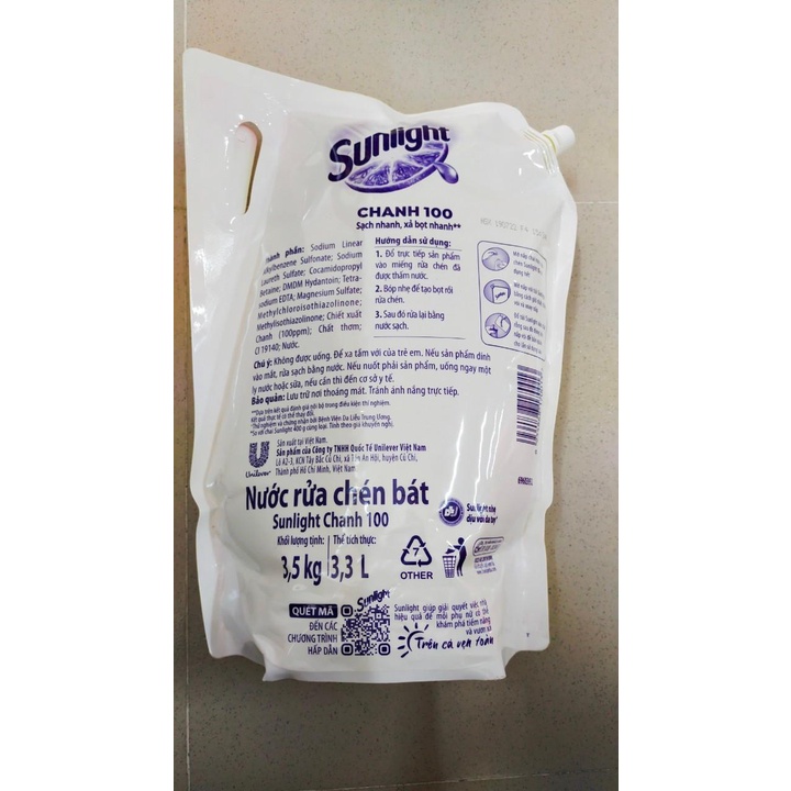 [HÀNG MỚI] Combo 2 Túi Khổng Lồ Nước rửa chén Sunlight Chanh 100 Túi 3.5 Kg x2
