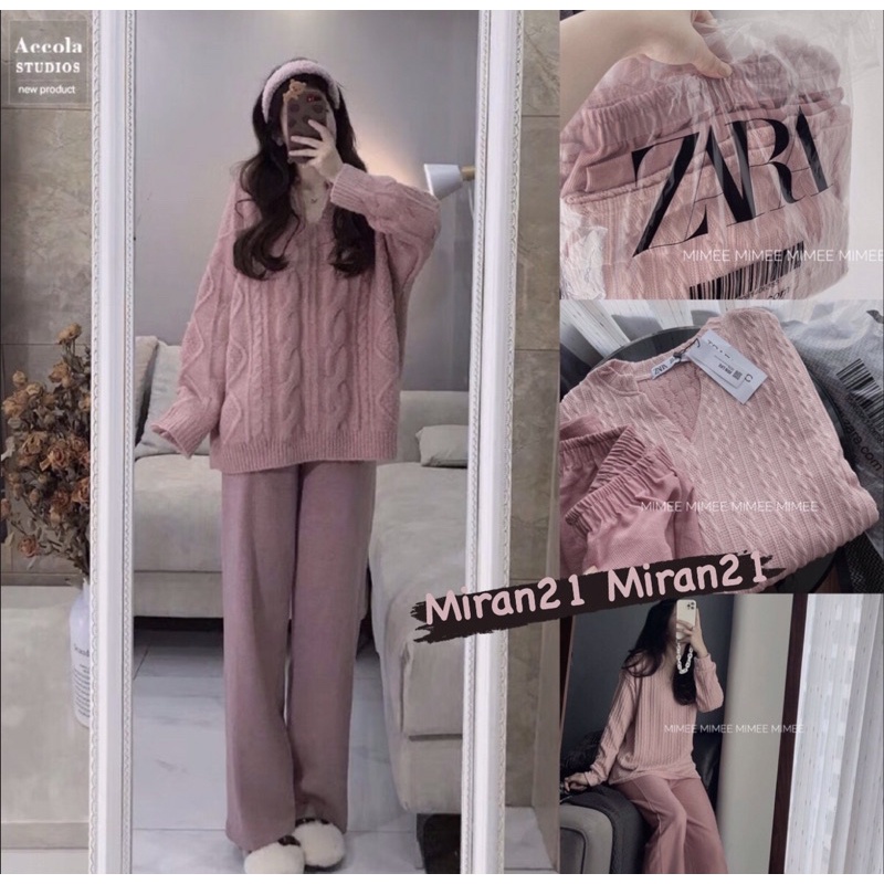 Set Áo Len Thừng Mix Quần Tăm Xuông Hồng Pastel