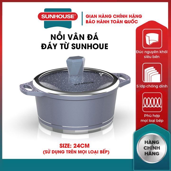 Nồi vân đá đáy từ 5 lớp chống dính SUNHOUSE SHG2020MMA-SHG2024MMA-2022 kích thước 20 24 CM đúc nguyên khối siêu bền