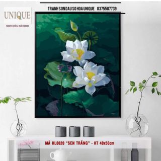 Tranh số hóa Hoa Sen trắng mã HL0620 (Khung dày 2.5cm) đã căng khung và đầy đủ phụ kiện, phủ bóng
