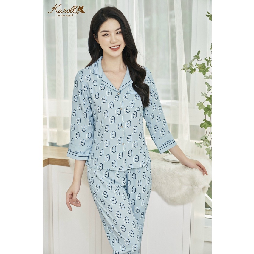 Bộ đồ mặc nhà lụa Karoll, set đồ ngủ pijama nữ chất lụa mềm mịn thoáng mát dáng dài họa tiết trẻ trung
