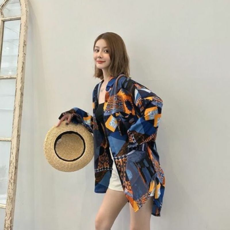 Áo Khoác Sơ Mi Nữ Form Rộng Tay Dài Ulzzang In Họa Tiết Màu