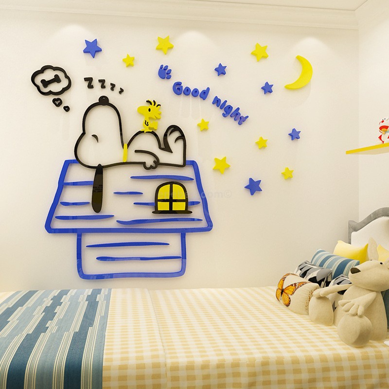Tranh dán tường mica 3d decor khổ lớn snoopy ngủ trên mái nhà trang trí mầm non, phòng cho bé Nhiều Size - EPeBen
