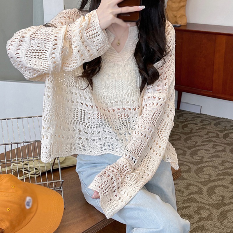 Áo Len Tay Dài Cổ Chữ V Màu Sắc Đơn Giản