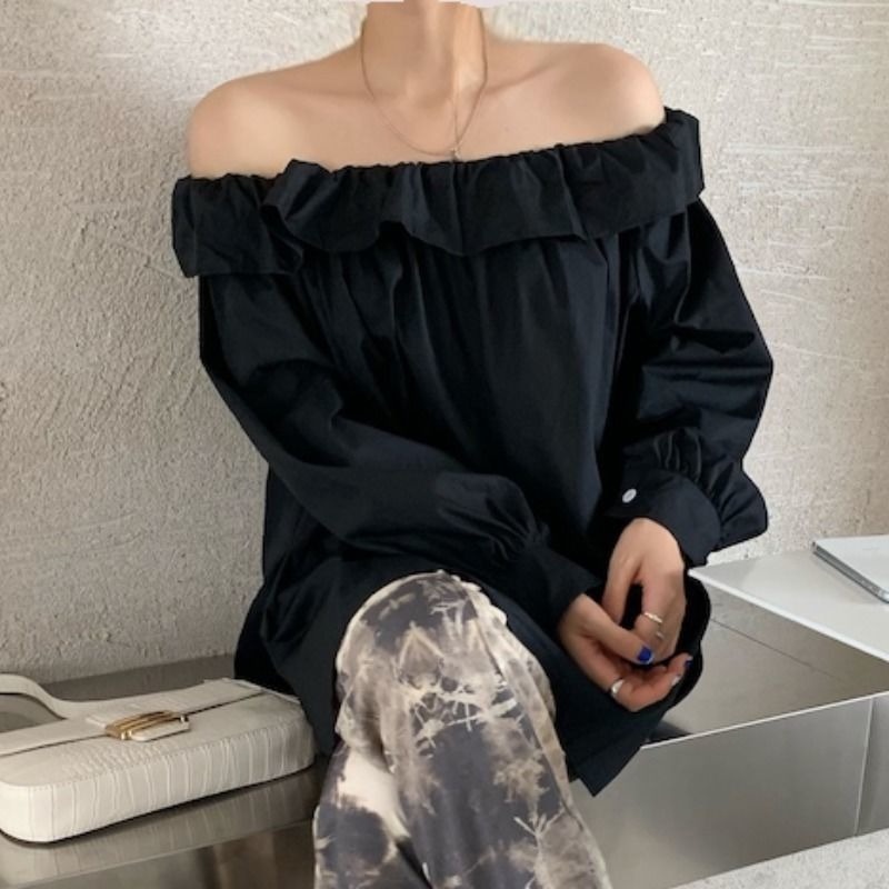 Áo Sơ Mi Nữ Dáng Rộng Tay Dài Hở Vai Thiết Kế Xẻ Tà