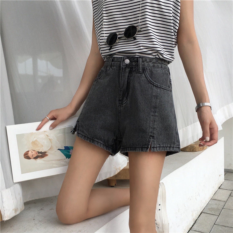 Quần Short Jean Nữ Lưng Cao Ống Rộng Xẻ Tà Phong Cách Hàn Quốc