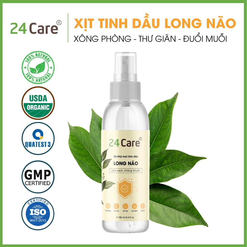 Xịt khử mùi thơm phòng Long Não 24Care 100ml - Kháng khuẩn, khử mùi hôi, đuổi muỗi, côn trùng