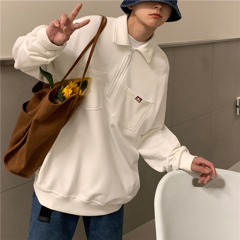 Áo sweater tay dài dáng rộng cổ polo phối khóa kéo nửa thời trang retro cá tính cho nam