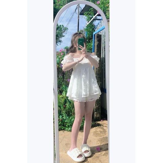 Set ren in hoa áo babydoll tay phồng kèm short VIBES
