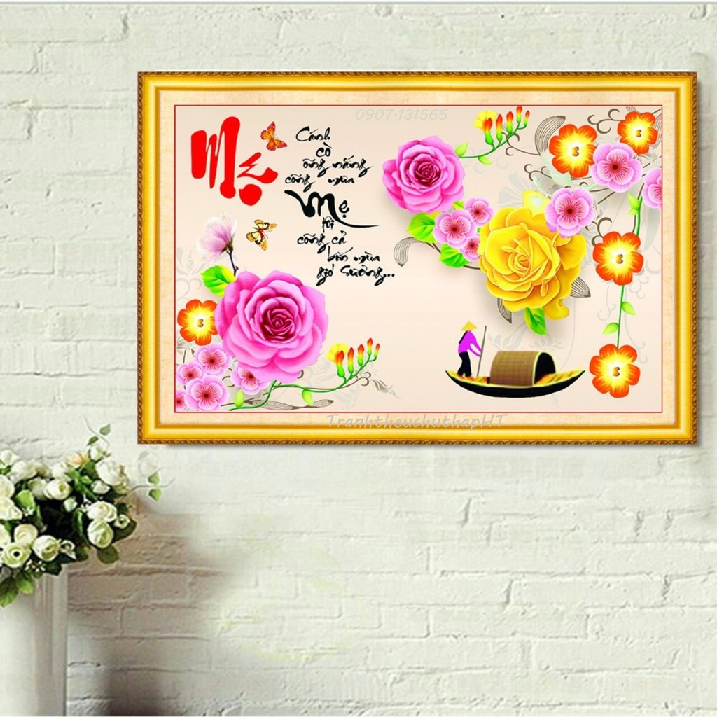 Tranh đính đá Mẹ tôi cõng cả bốn mùa gió sương 90x53cm VS177