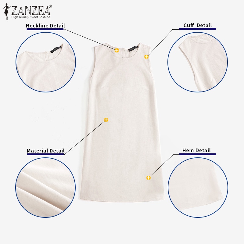 Đầm mini ZANZEA không tay cổ tròn màu trơn phong cách Châu Âu đơn giản dành cho nữ
