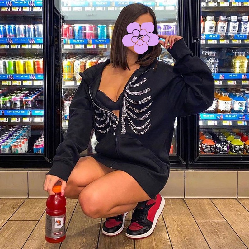 Áo khoác hoodie có khóa kéo đính đá họa tiết bộ xương 90s phong cách đường phố cho nữ