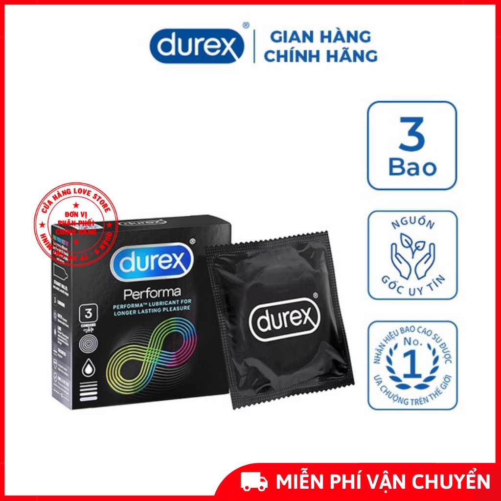 [Chính Hãng] Bao cao su Durex Performa HỘP 3 CÁI Size 52mm - Bcs Siêu mỏng Kéo Dài Thời