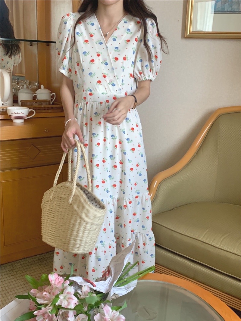 Đầm Hoa Ngắn Tay Cổ Chữ V Thời Trang Hàn Quốc Mới 52110