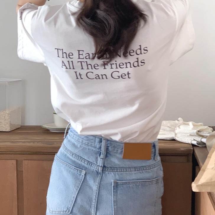 Áo Thun Tay Ngắn Cổ Tròn In Chữ Dáng Rộng Phong Cách Hàn Quốc 50371