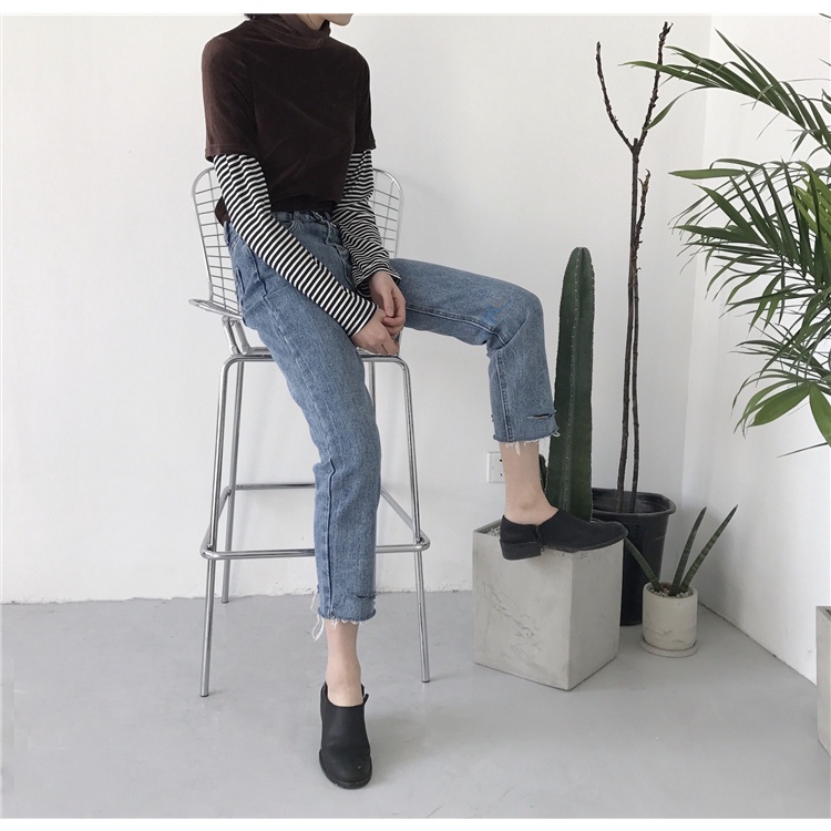 Quần Jean Lửng Nữ 9 Tấc Ống Suông Lưng Cao Hàn Quốc Quần Bò cộc Ulzzang Cạp cao Thời trang