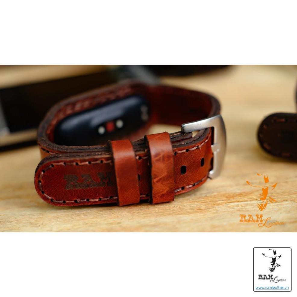 (DA BÒ CAO CẤP) (TẶNG KHÓA+CÂY THAY DÂY)DÂY DA BÒ THẬT NÂU ĐỎ CHO MIBAND 4 / MIBAND 3 – RAM LEATHER CỰC KỲ SANG TRỌNG