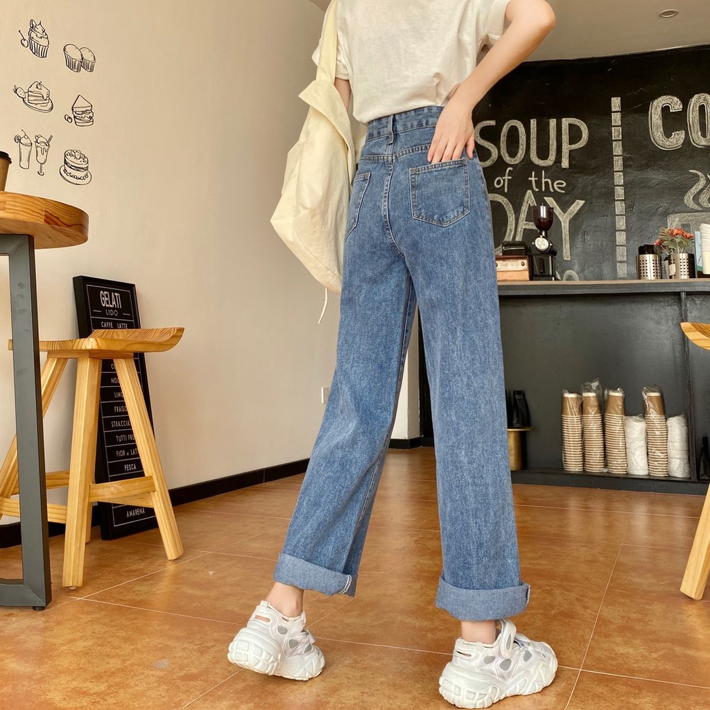 Quần jean ống rộng lưng cao phong cách xuân thu trẻ trung cho nữ