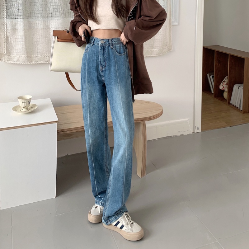 Quần jean ống rộng lưng cao kiểu dáng đơn giản hợp thời trang