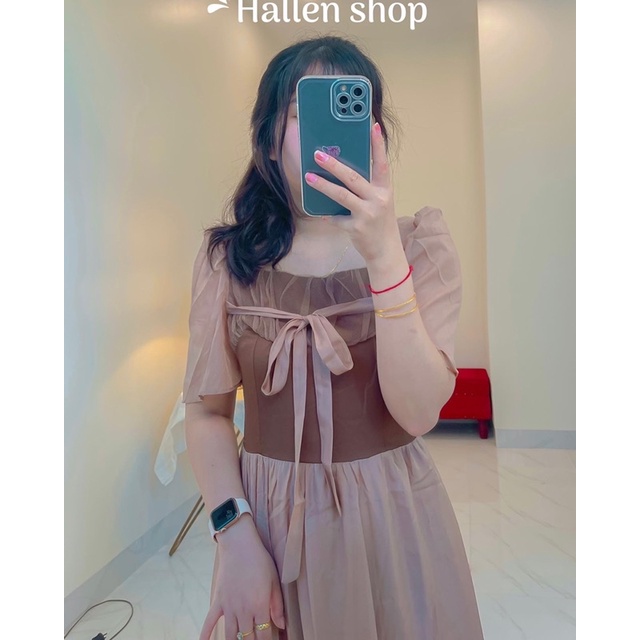 Váy cổ vuông tay bồng dáng xoè