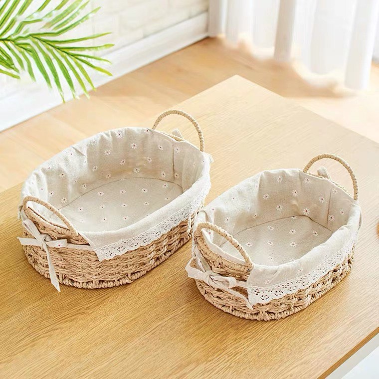 Giỏ cói Bầu Dục vintage có quai đựng đồ, giỏ đi picnic, trang trí nhà cửa kèm vải lót (Rổ cói lót vải)