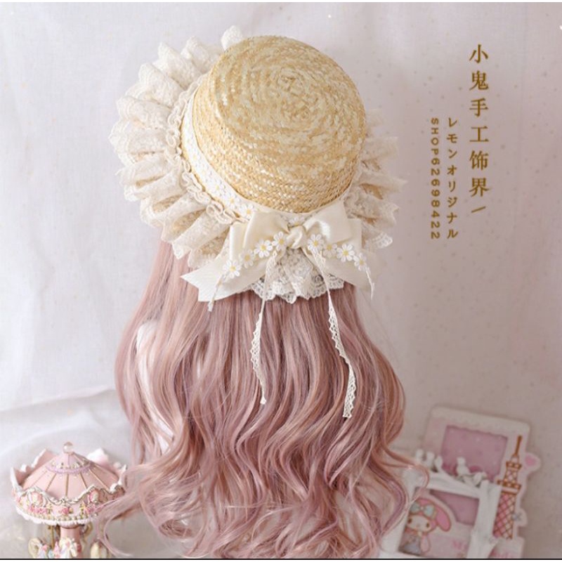 Mũ Cói Đính Nơ Viền Ren Phong Cách Lolita