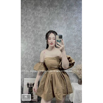 (Sale FreeShip) Đầm nữ đi tiệc thiết kế trễ vai tay phồng dáng xòe,lên from sang chảnh,chất kate lụa mềm mát