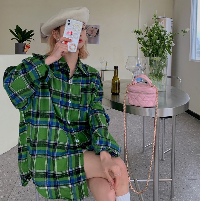 SUXI Áo Sơ Mi Nữ Tay Dài Dáng Rộng Họa Tiết Caro Phong Cách Hàn Quốc