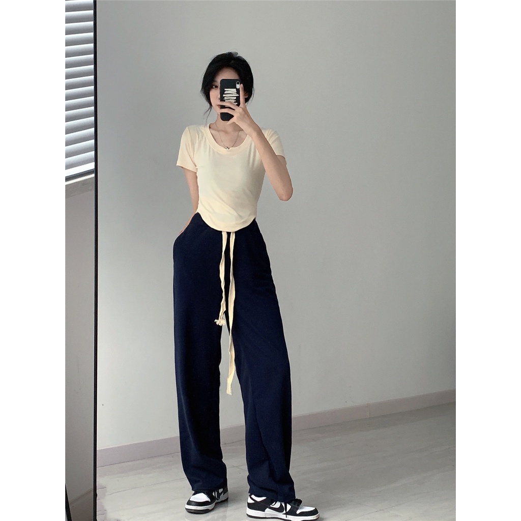 Quần dài XIAOZHAINV ống rộng lưng cao dây rút thời trang mùa hè năng động dành cho nữ