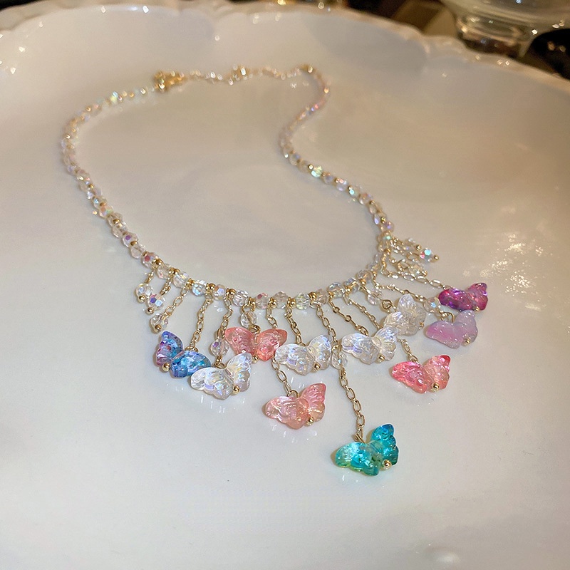 Vòng Cổ Chuỗi Hạt Pha Lê Hình Bướm Màu Sáng Thời Trang Cá Tính