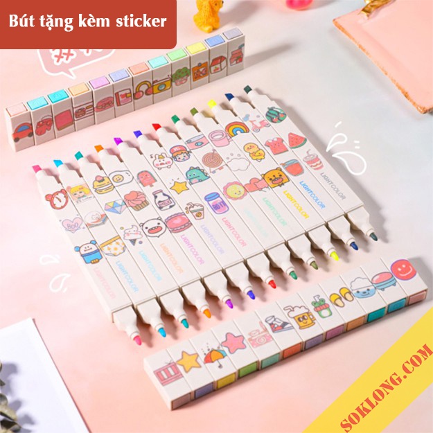 Bút highlight 2 đầu Light Color đánh dấu màu pastel HI06 tặng kèm sticker