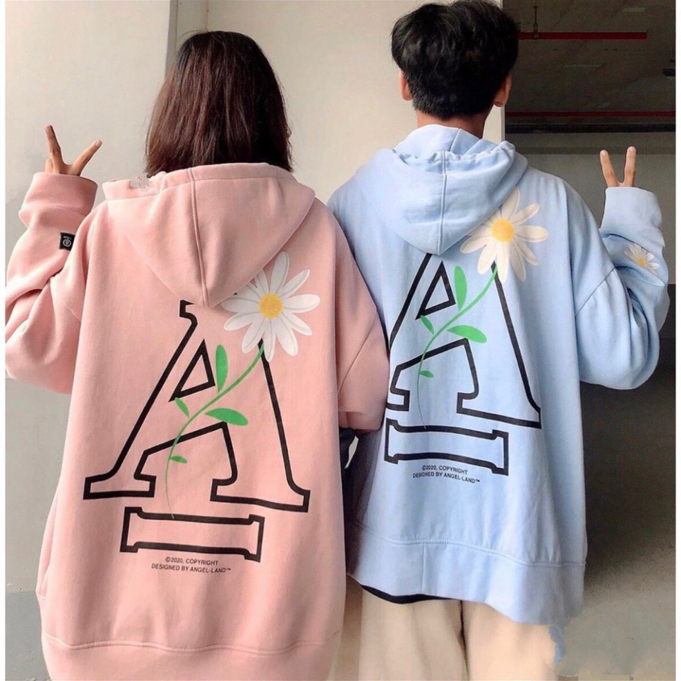 ÁO KHOÁC HOODIE CHỮ A IN LƯNG HOA CÚC XANH HỒNG • ÁO NỈ MŨ ANGEL LAND COUPLE ULZZANG