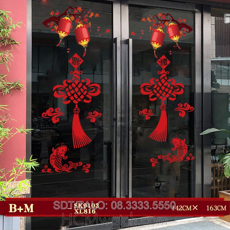 Decal Trang Trí Tết 2021 hình ảnh lồng đèn, pháo hoa, câu đối